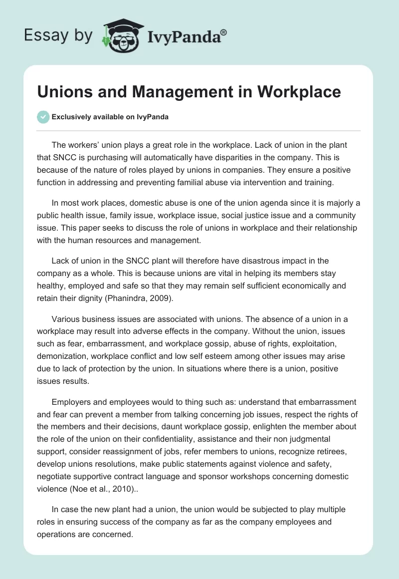 Unions and Management in Workplace. Page 1