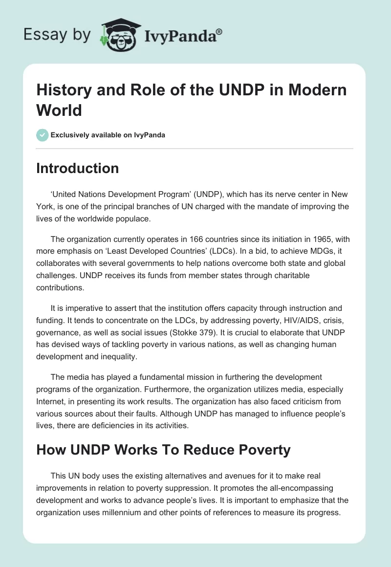 History and Role of the UNDP in Modern World. Page 1