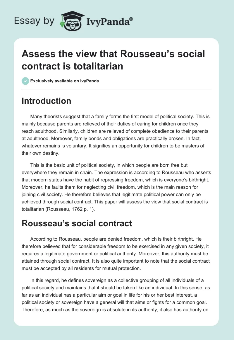 Assess the view that Rousseau’s social contract is totalitarian. Page 1