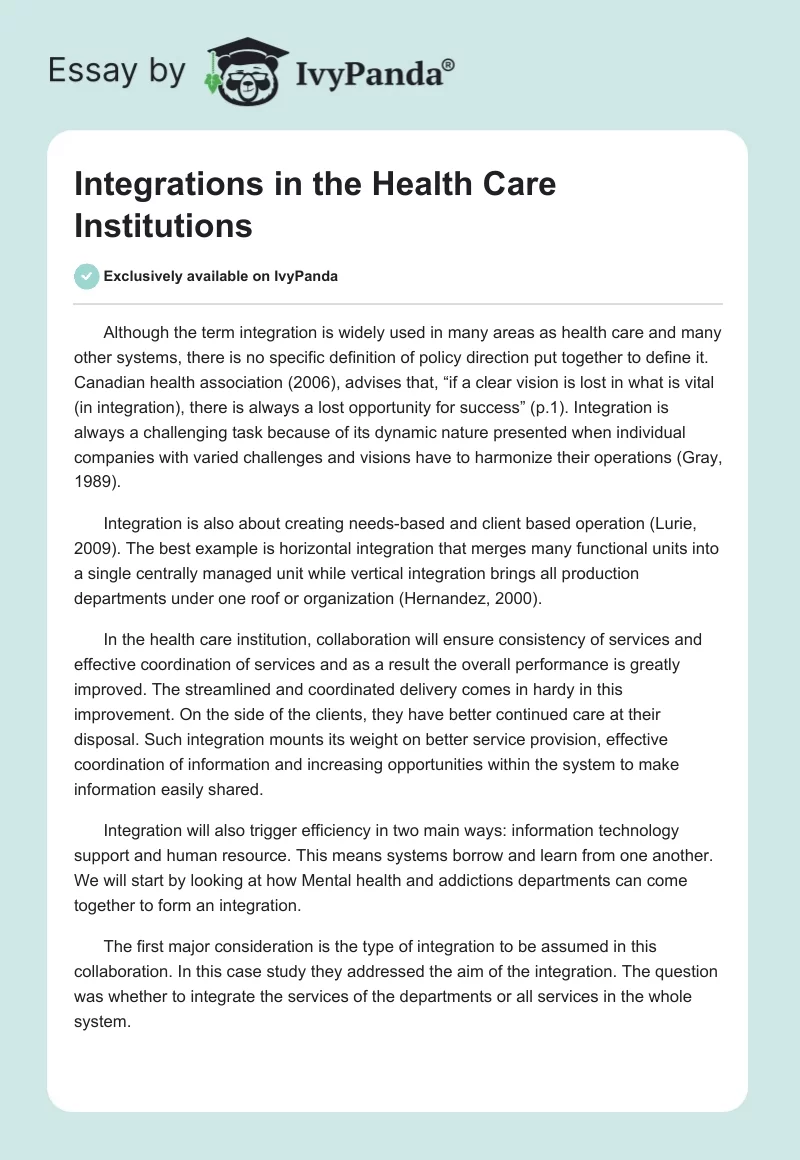 Integrations in the Health Care Institutions. Page 1