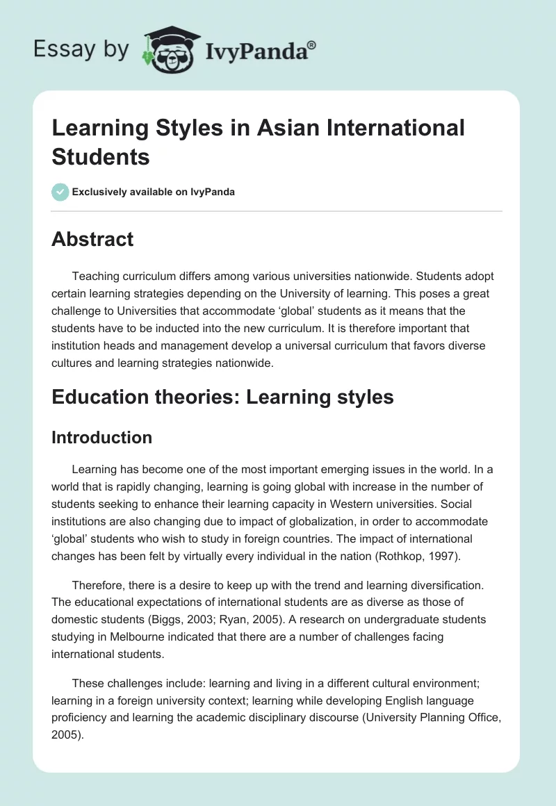 Learning Styles in Asian International Students. Page 1