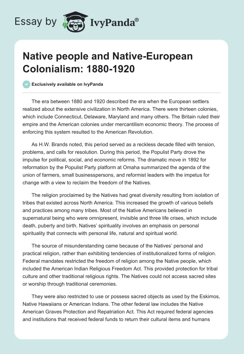 Native People and Native-European Colonialism: 1880-1920. Page 1