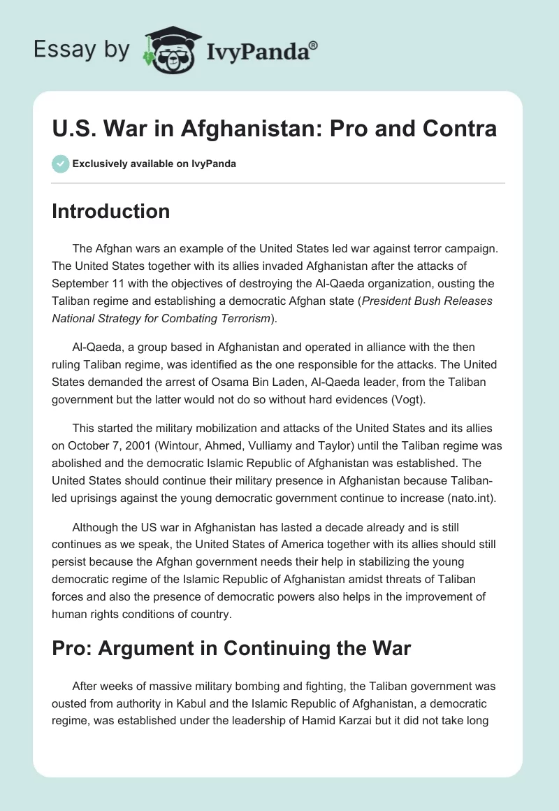 U.S. War in Afghanistan: Pros and Cons. Page 1