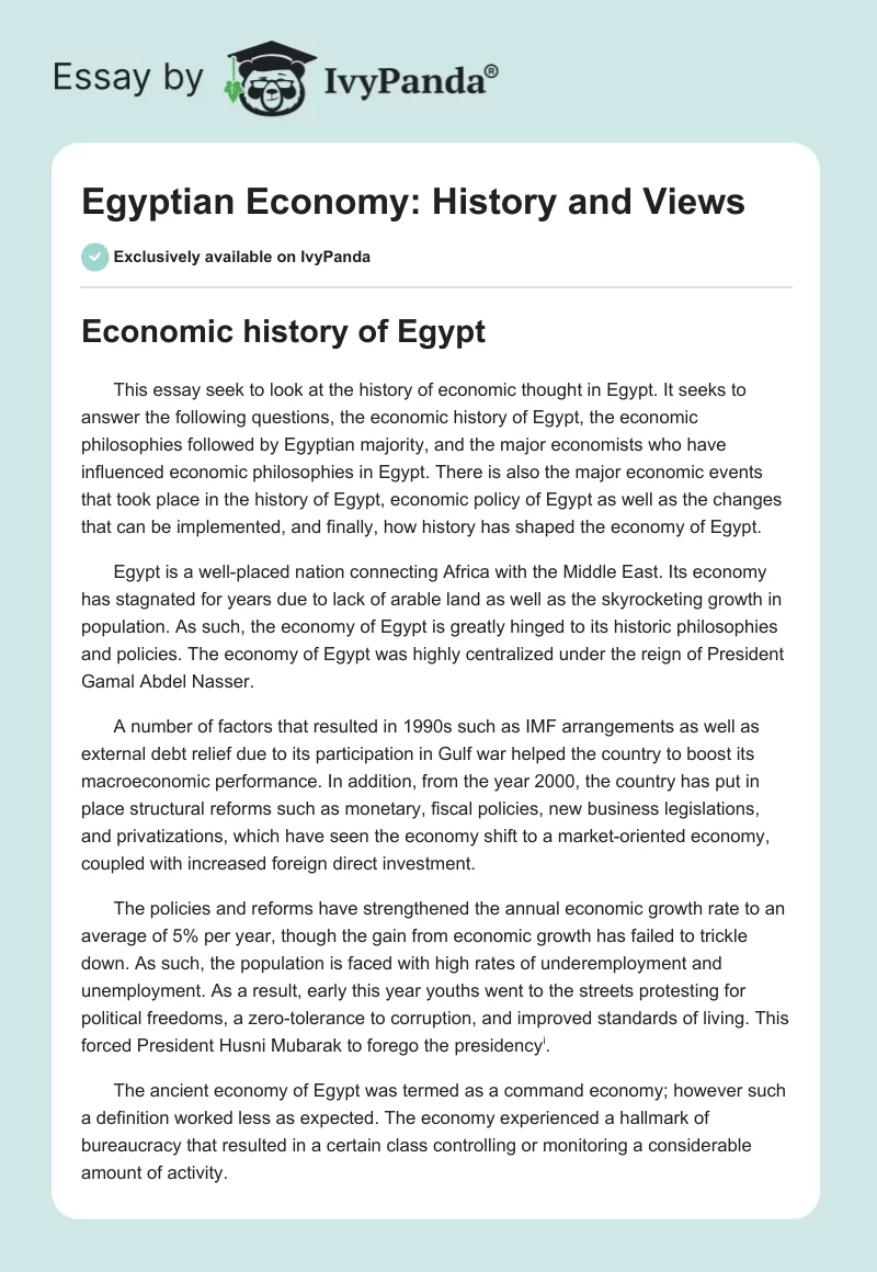 Egyptian Economy: History and Views. Page 1
