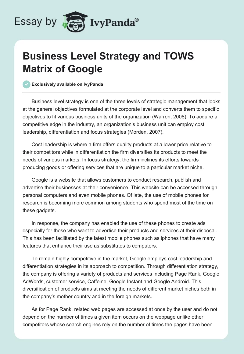 Business Level Strategy and TOWS Matrix of Google. Page 1