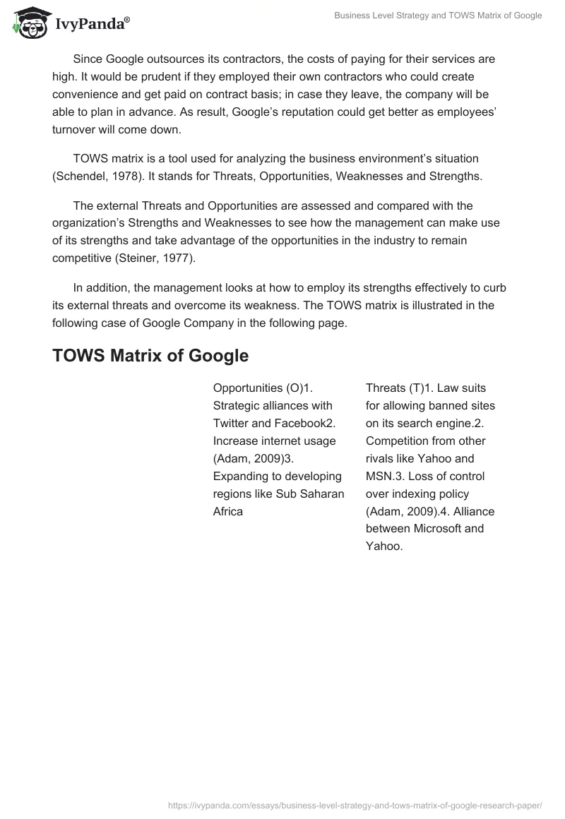 Business Level Strategy and TOWS Matrix of Google. Page 4