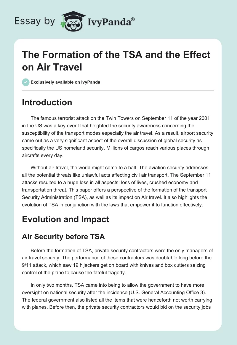 The Formation of the TSA and the Effect on Air Travel. Page 1