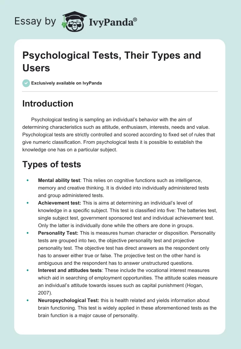 Psychological Tests, Their Types and Users. Page 1