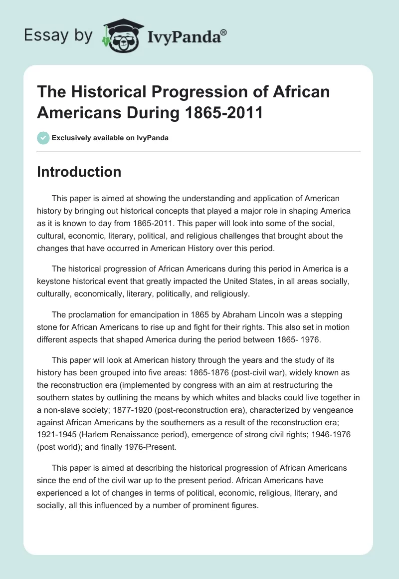 The Historical Progression of African Americans During 1865-2011. Page 1