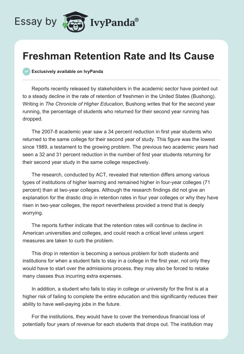 Freshman Retention Rate and Its Cause. Page 1