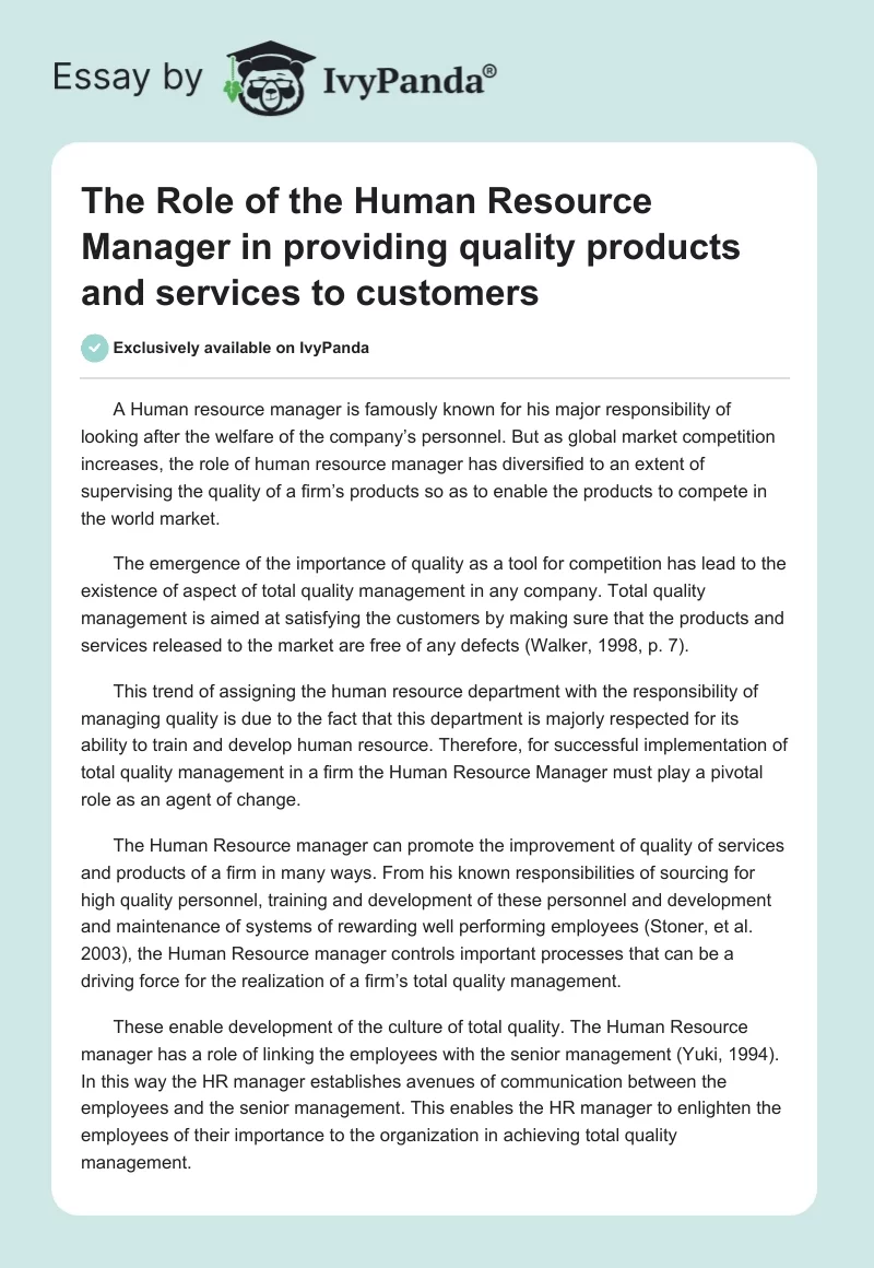 The Role of the Human Resource Manager in providing quality products and services to customers. Page 1