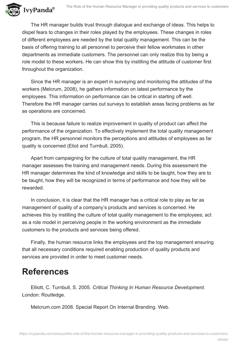 The Role of the Human Resource Manager in providing quality products and services to customers. Page 2