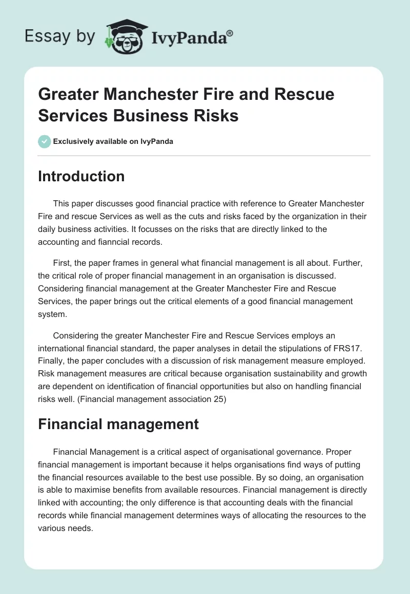 Greater Manchester Fire and Rescue Services Business Risks. Page 1