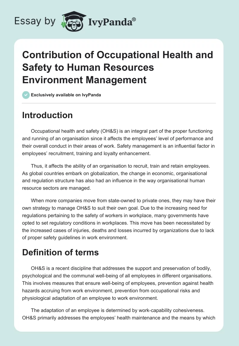 Contribution of Occupational Health and Safety to Human Resources Environment Management. Page 1