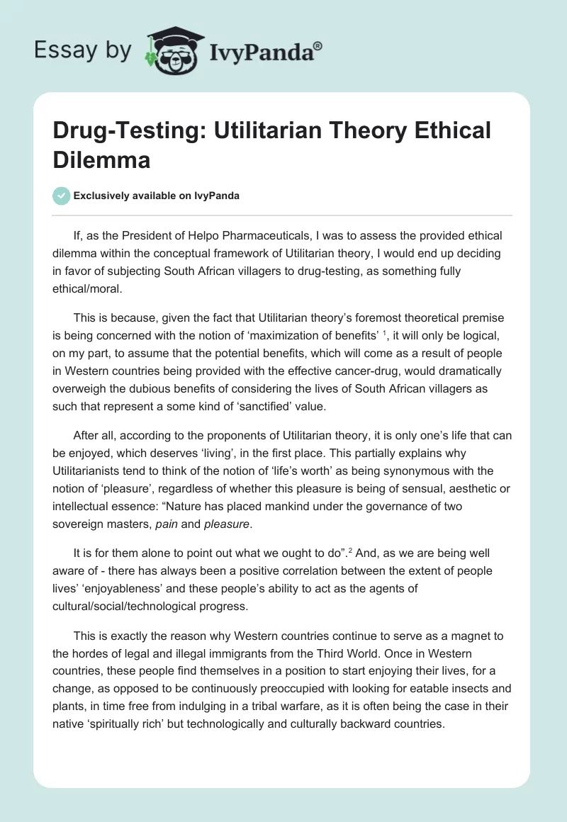 Drug-Testing: Utilitarian Theory Ethical Dilemma. Page 1