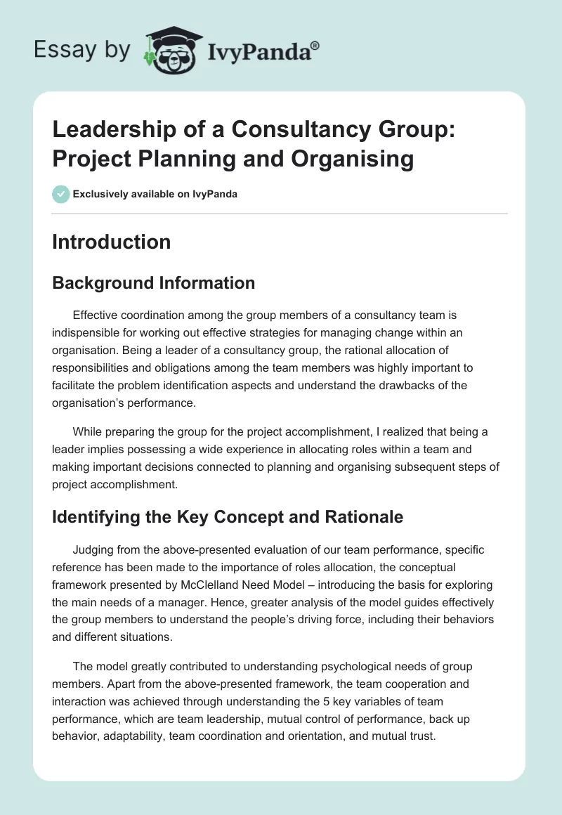Leadership of a Consultancy Group: Project Planning and Organising. Page 1