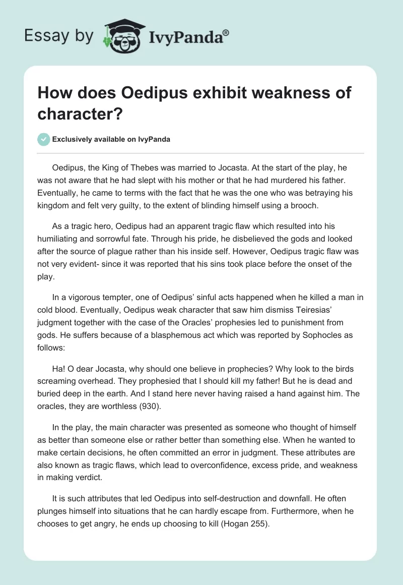 How Does Oedipus Exhibit Weakness of Character?. Page 1
