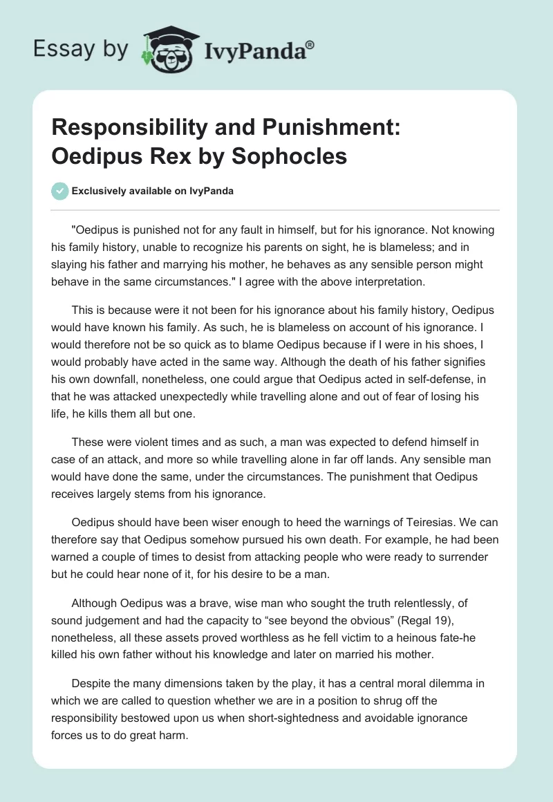 Responsibility and Punishment: "Oedipus Rex" by Sophocles. Page 1