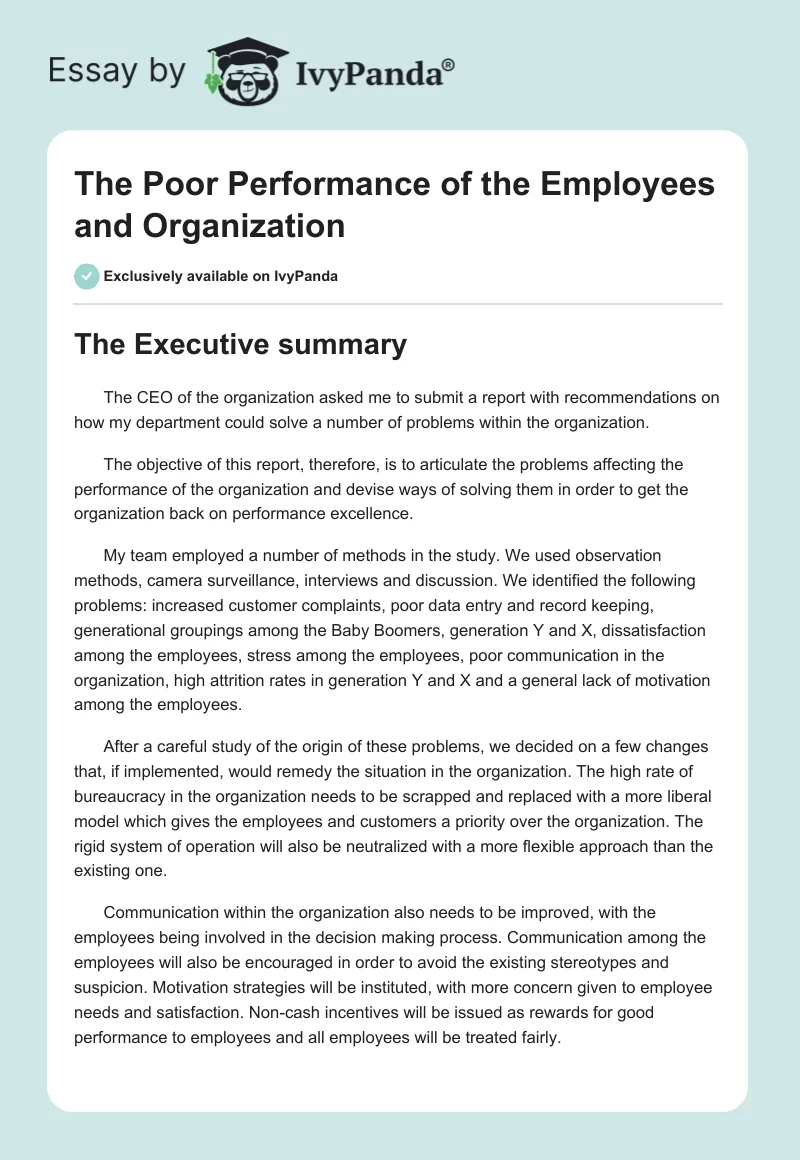 The Poor Performance of the Employees and Organization. Page 1