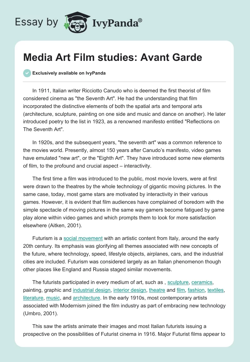 Media Art Film Studies: Avant Garde. Page 1