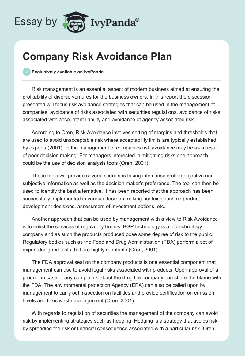 Company Risk Avoidance Plan. Page 1