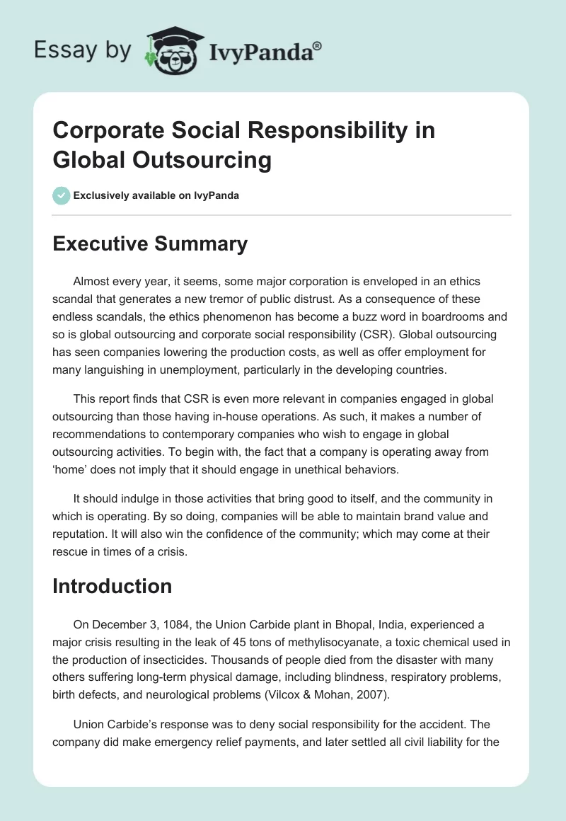 Corporate Social Responsibility in Global Outsourcing. Page 1