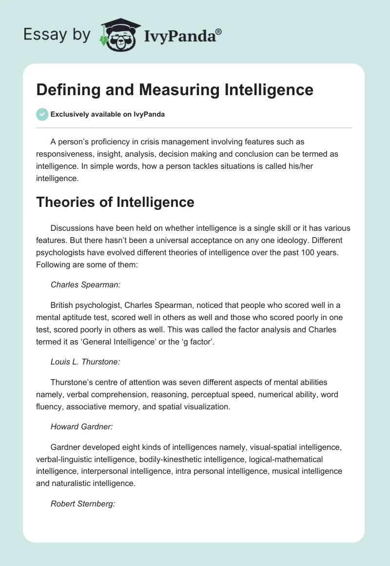 Defining and Measuring Intelligence. Page 1
