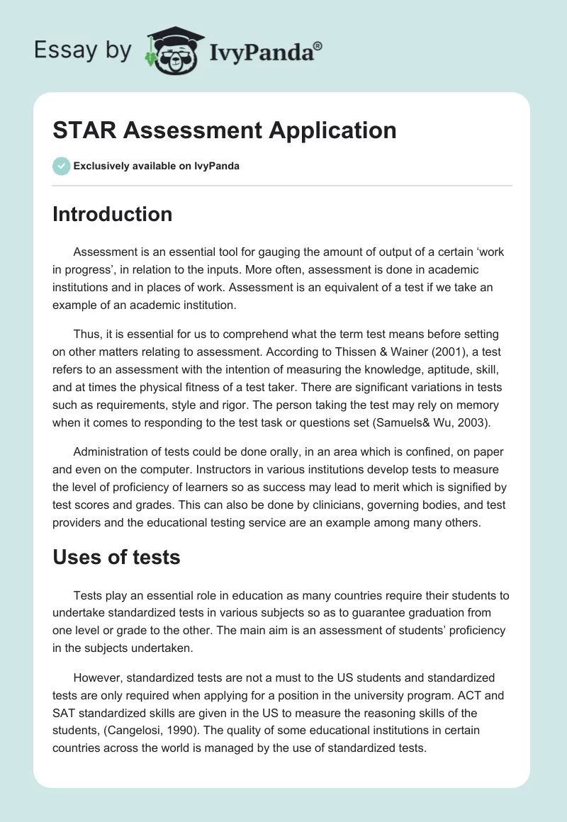 STAR Assessment Application. Page 1