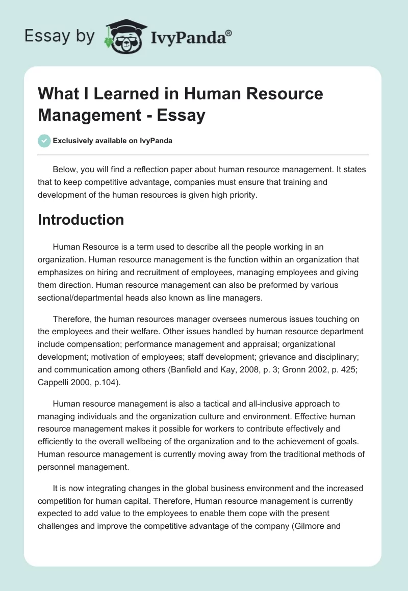 What I Learned in Human Resource Management - Essay. Page 1