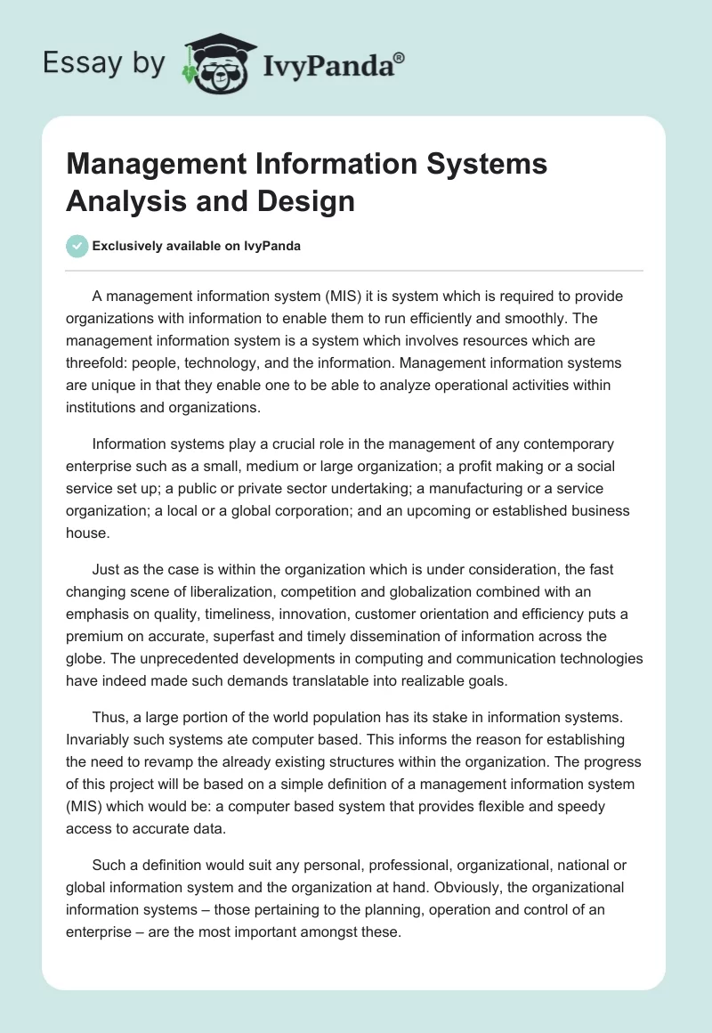 Management Information Systems Analysis and Design. Page 1