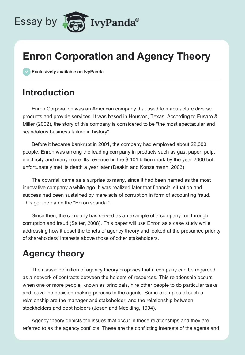 Enron Corporation and Agency Theory. Page 1