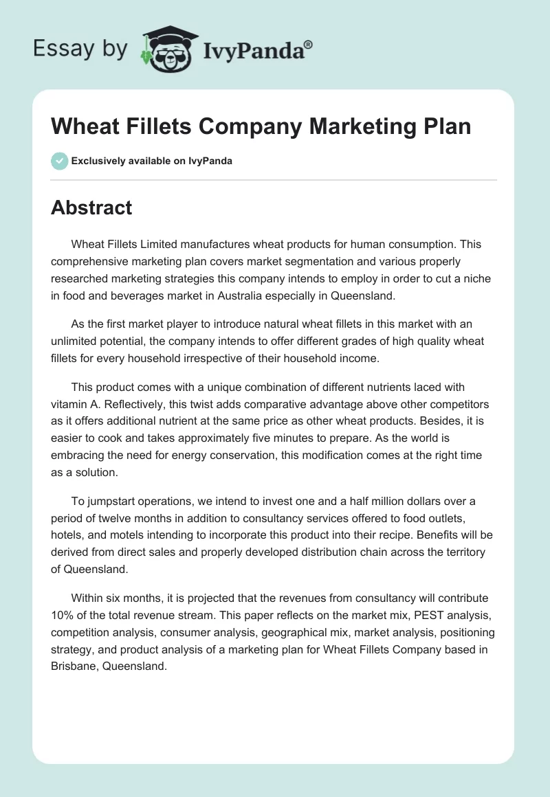Wheat Fillets Company Marketing Plan. Page 1