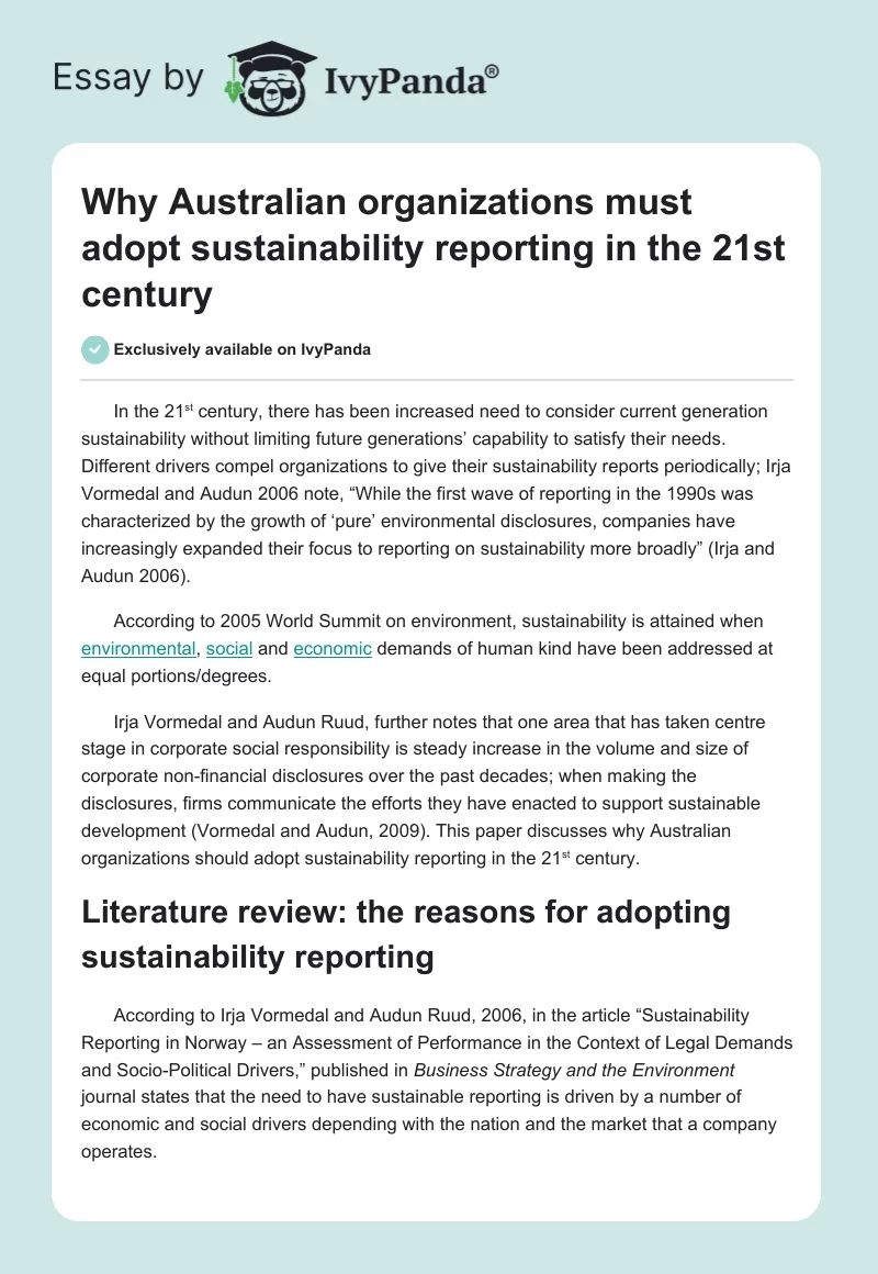 Why Australian organizations must adopt sustainability reporting in the 21st century. Page 1