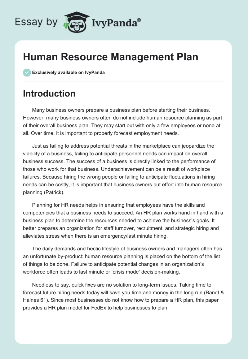 Human Resource Management Plan. Page 1