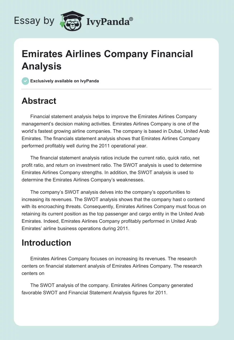 Emirates Airlines Company Financial Analysis. Page 1