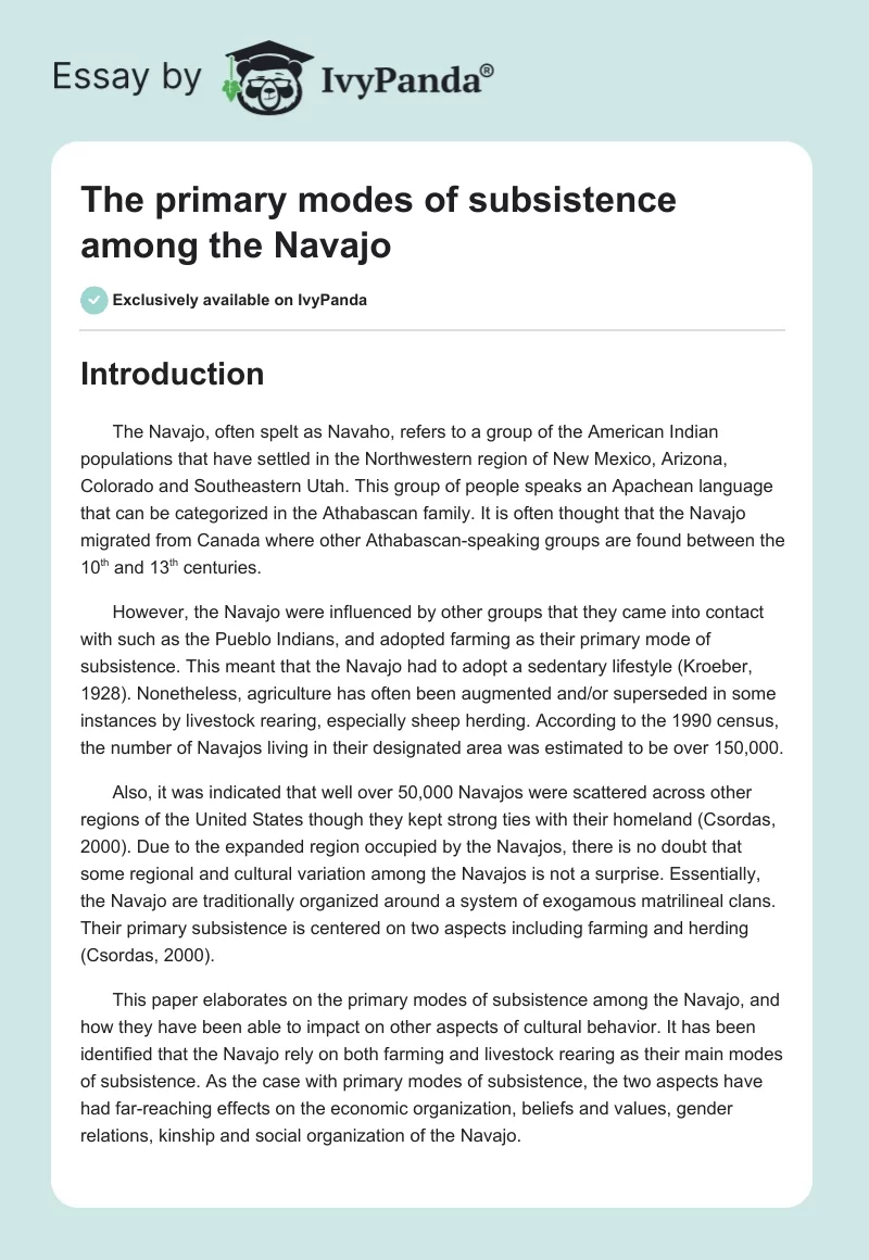 The primary modes of subsistence among the Navajo. Page 1