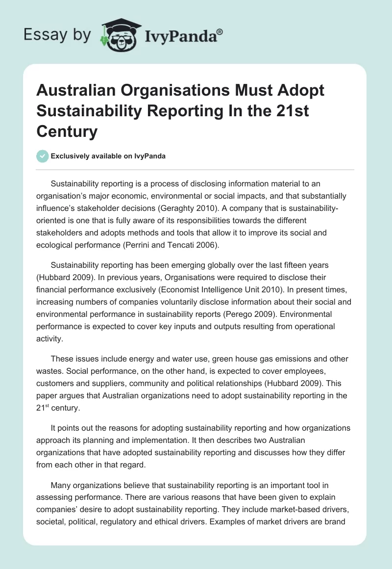 Australian Organisations Must Adopt Sustainability Reporting In the 21st Century. Page 1