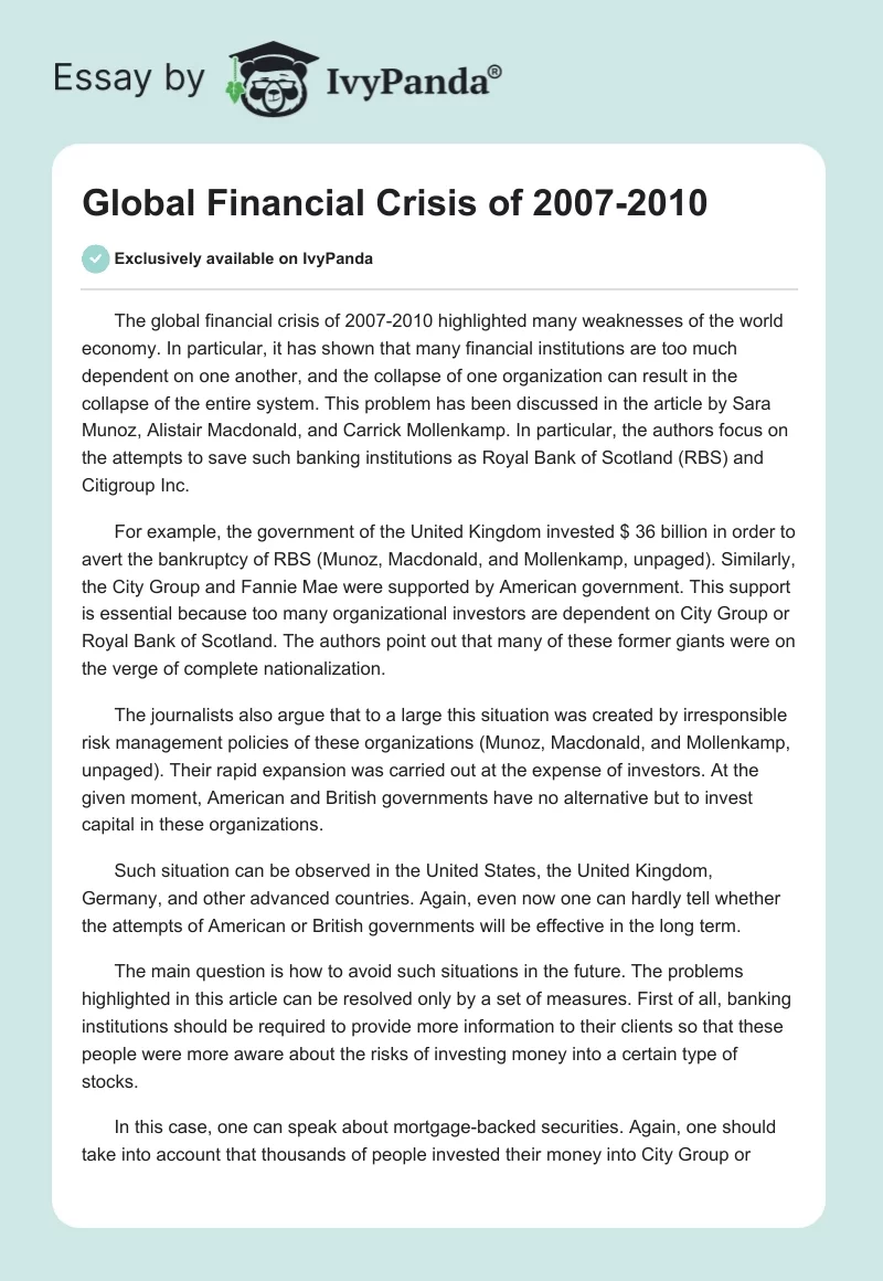 Global Financial Crisis of 2007-2010. Page 1