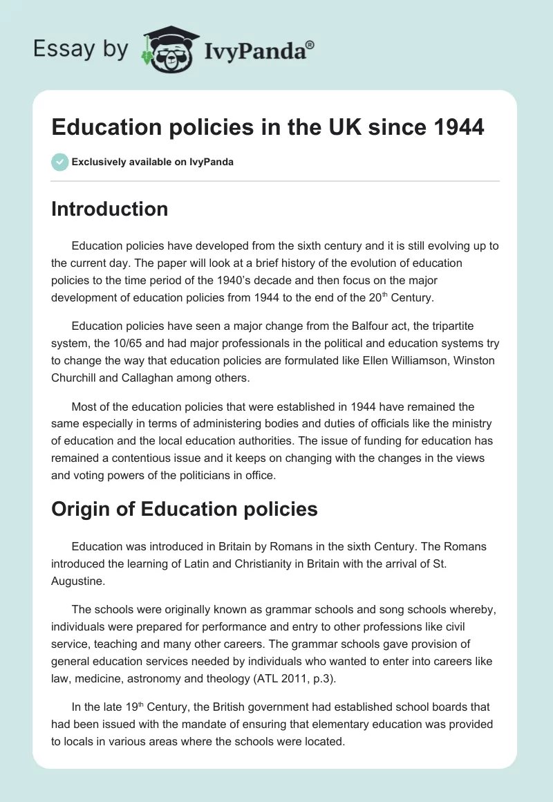Education policies in the UK since 1944. Page 1