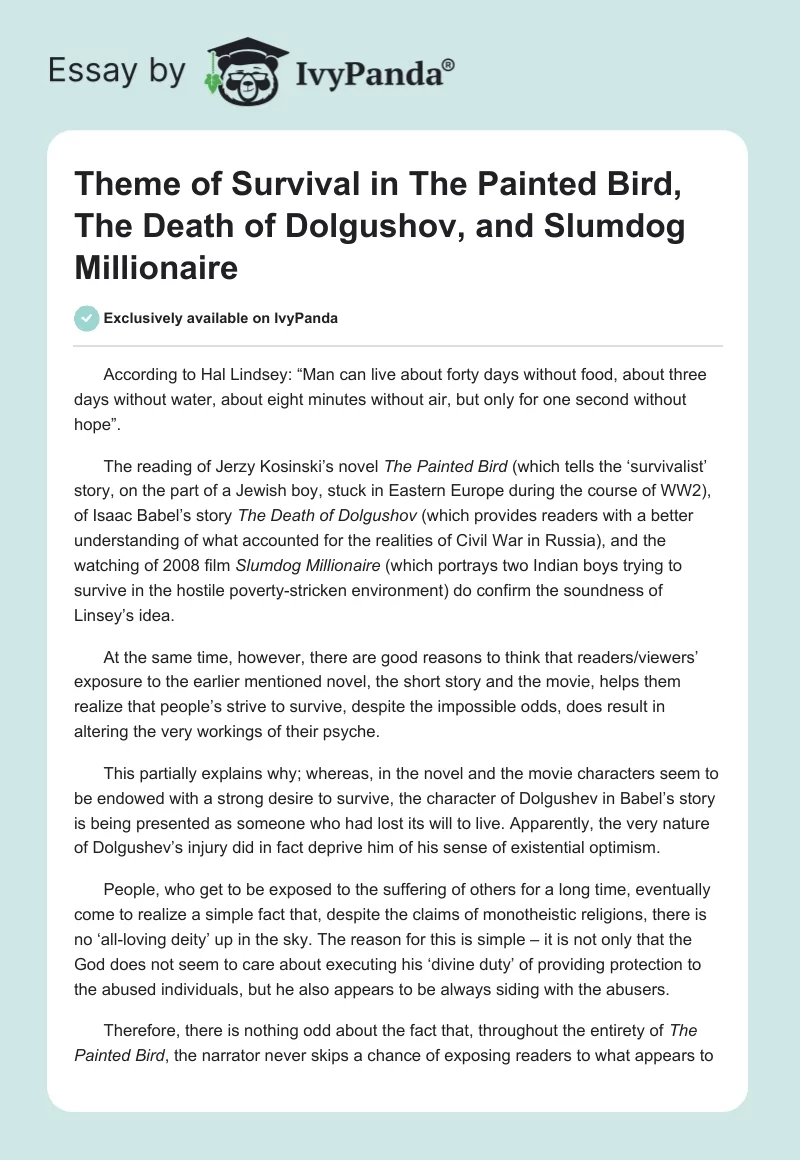 Theme of Survival in The Painted Bird, The Death of Dolgushov, and Slumdog Millionaire. Page 1