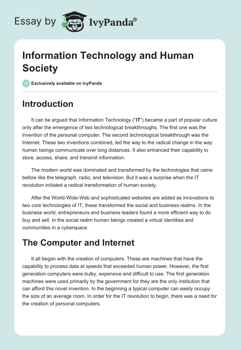 Information Technology And Human Society 2262 Words Essay Example