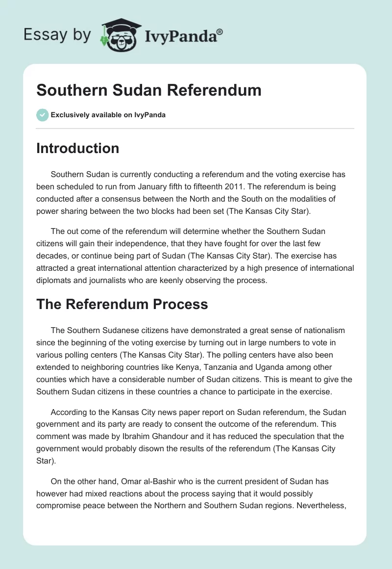 Southern Sudan Referendum. Page 1