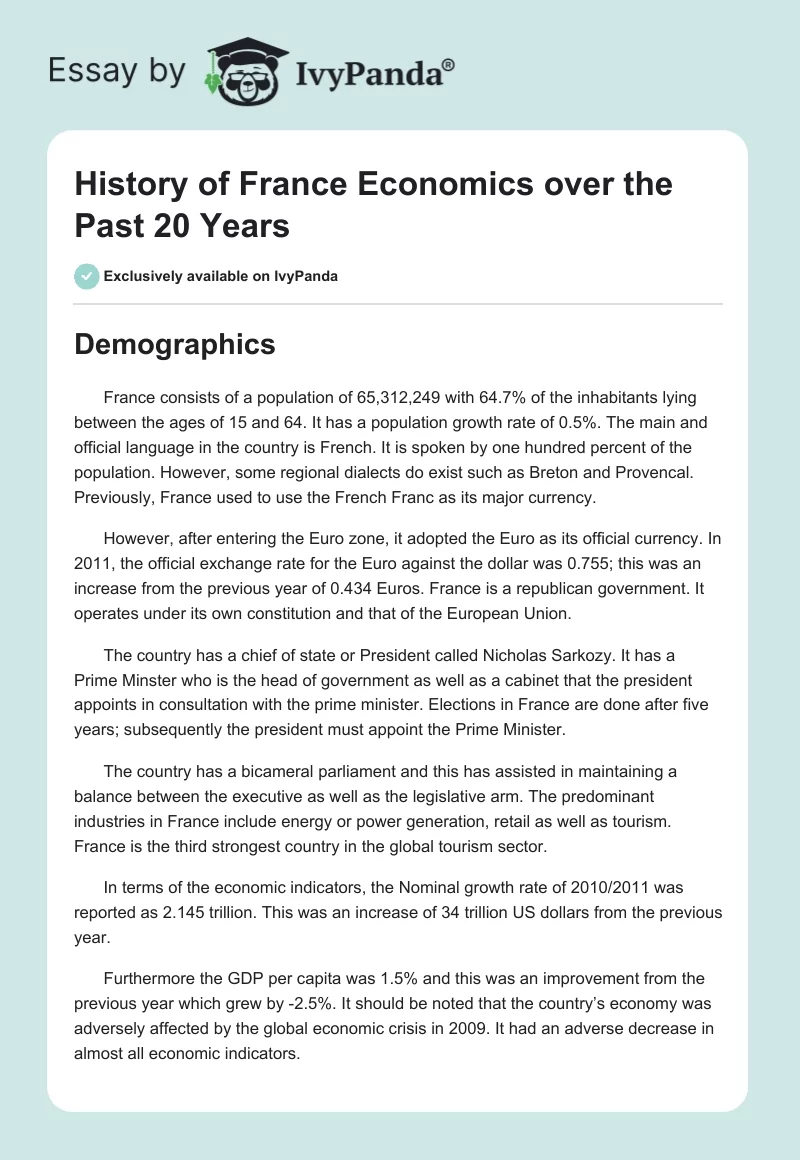 History of France Economics over the Past 20 Years. Page 1