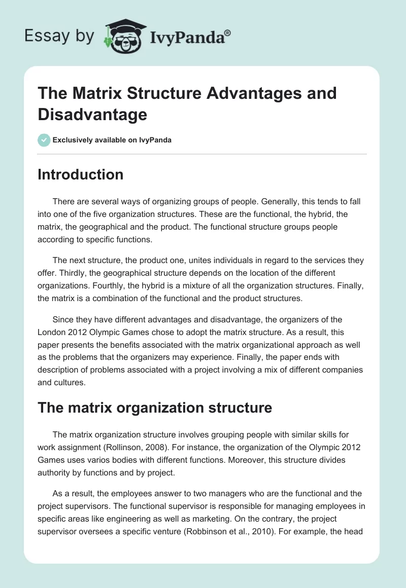 The Matrix Structure Advantages and Disadvantage. Page 1
