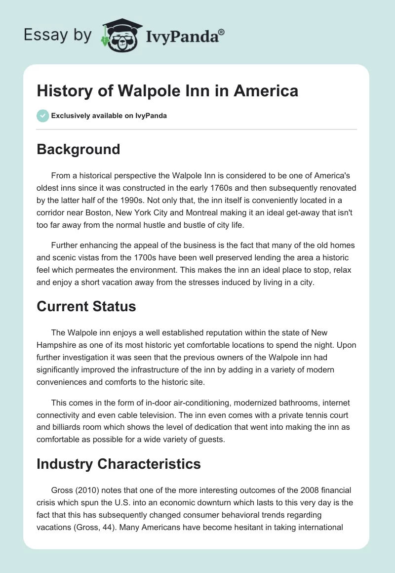 History of Walpole Inn in America. Page 1