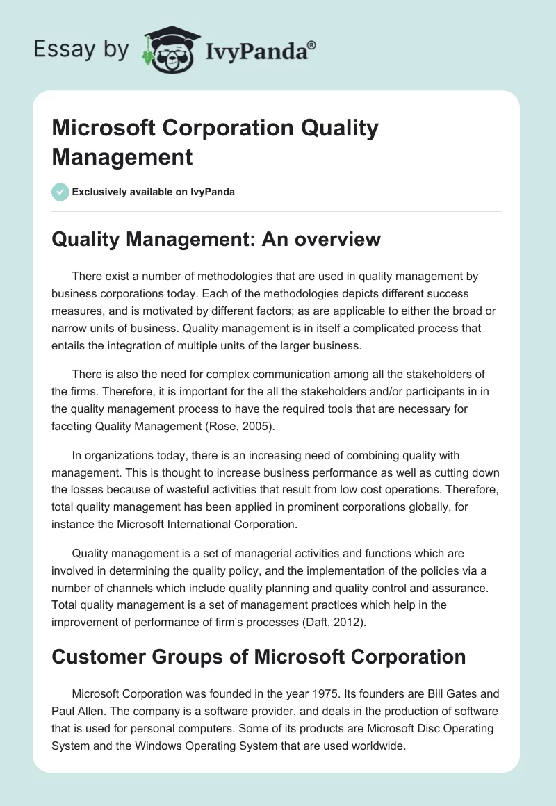 Microsoft Corporation Quality Management. Page 1