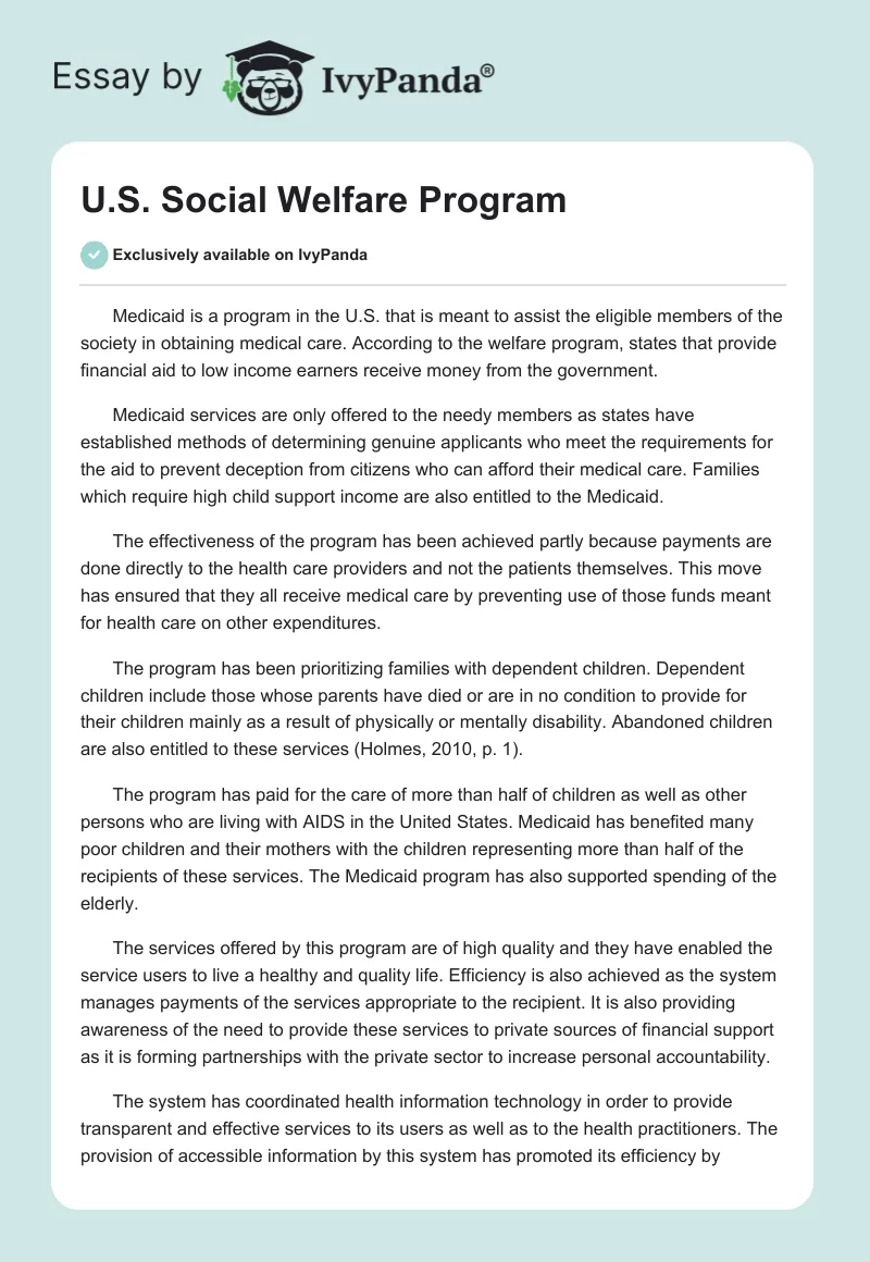U.S. Social Welfare Program. Page 1