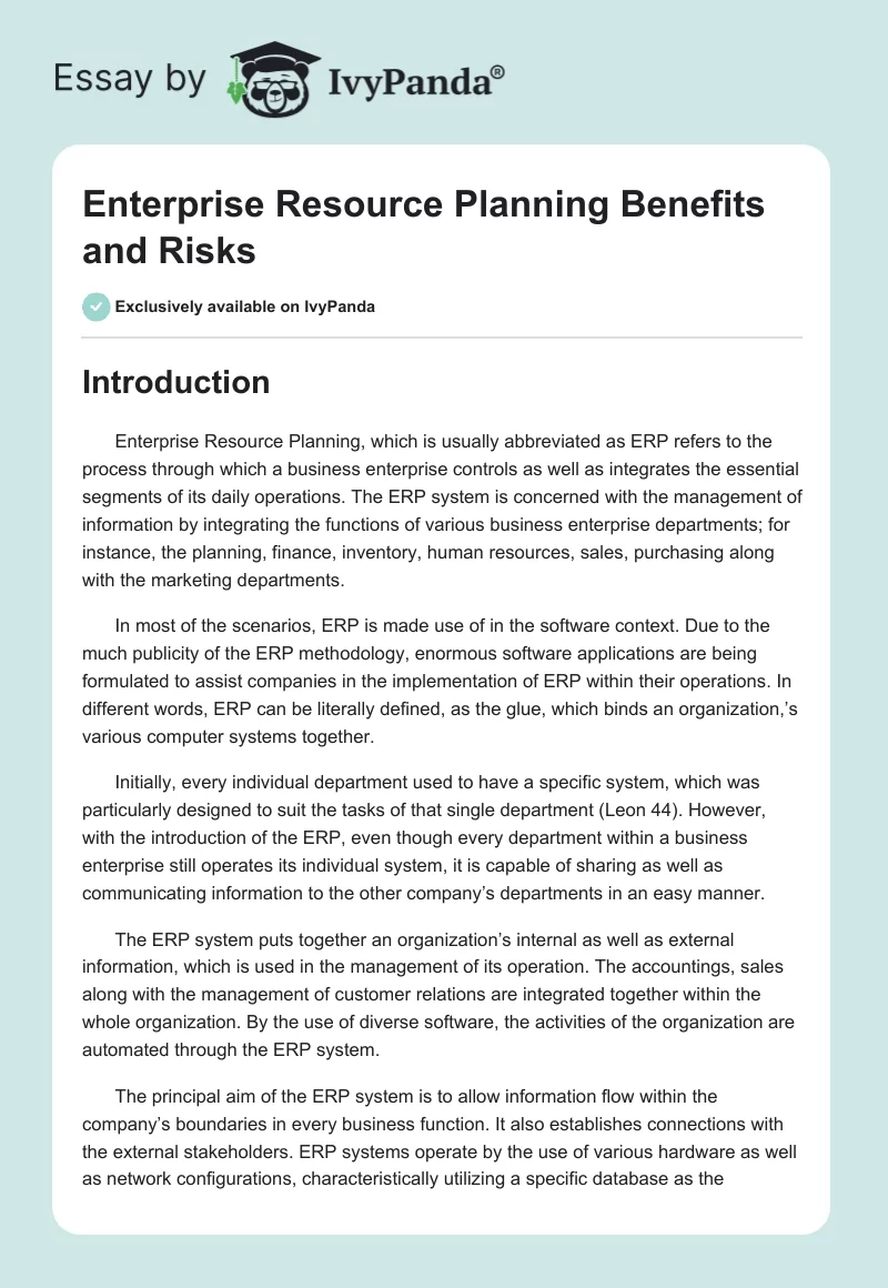 Enterprise Resource Planning Benefits and Risks. Page 1