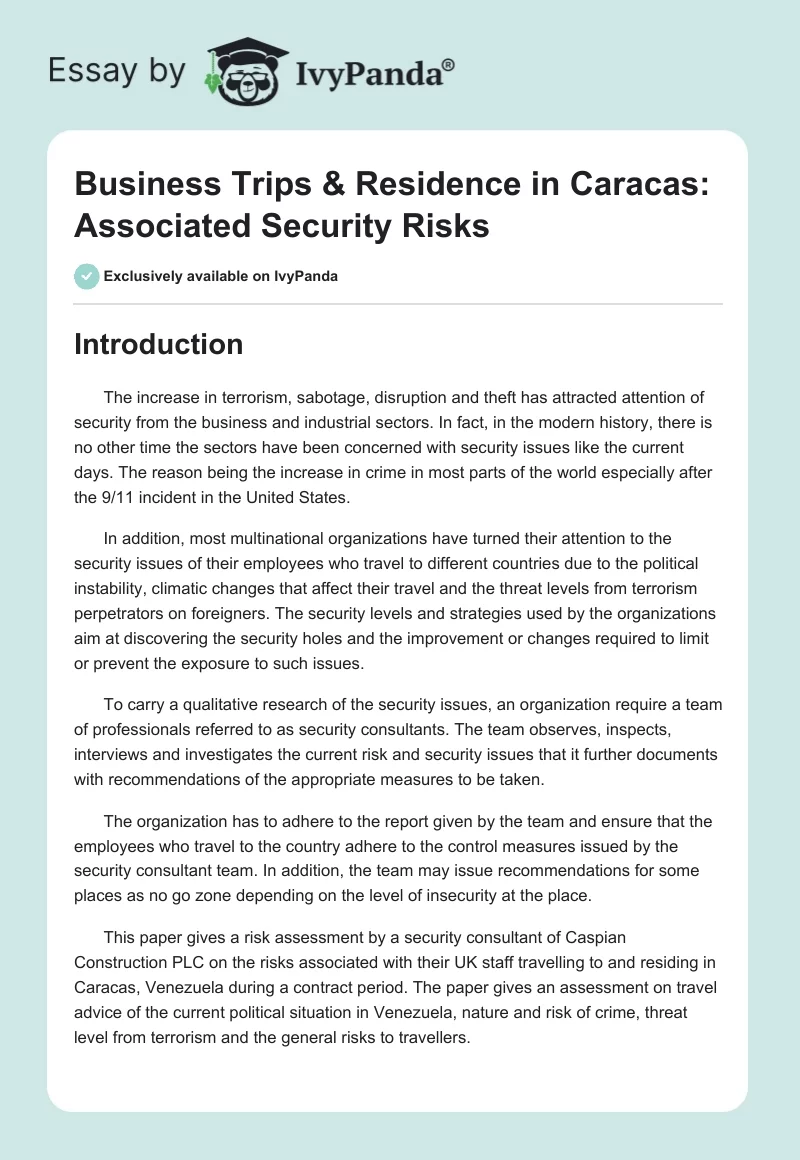 Business Trips & Residence in Caracas: Associated Security Risks. Page 1