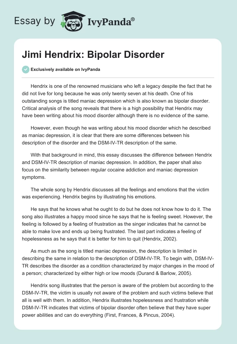 Jimi Hendrix: Bipolar Disorder. Page 1